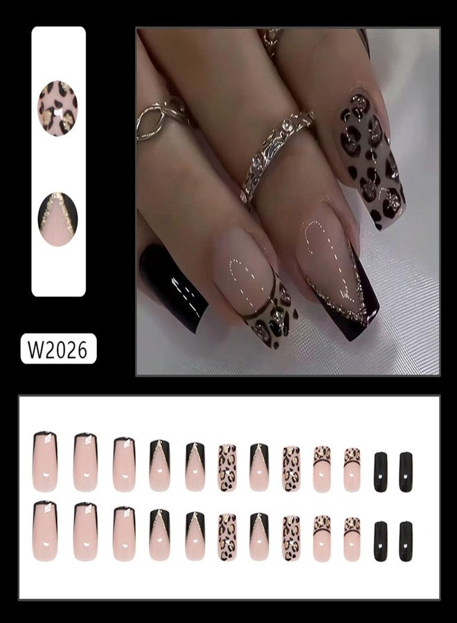 Vopintpy Leopard Print French Tip Press on Nails Medium Square Fake Nails with Design Glossy Acrylic Glue on Nail Reusable Full Cover Artificial Stick on Nail for Women DIY Manicure - Image 2